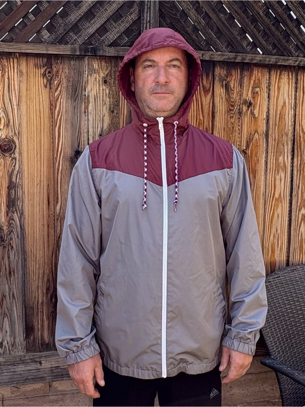 Zine Clothing Two-Tone Hooded Windbreaker in Burgundy and Gray